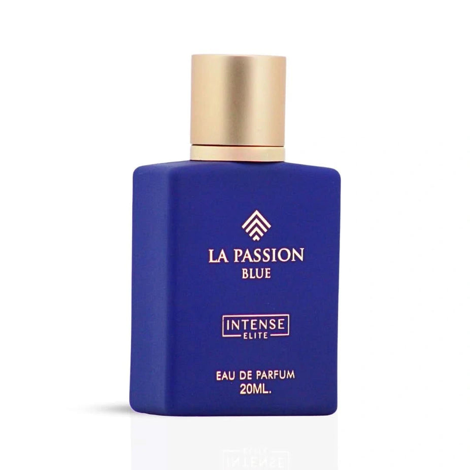 Intense Elite La Passion Blue Eau de Parfum spray 20ml bottle, elegant blue packaging, showcasing the fragrance product.