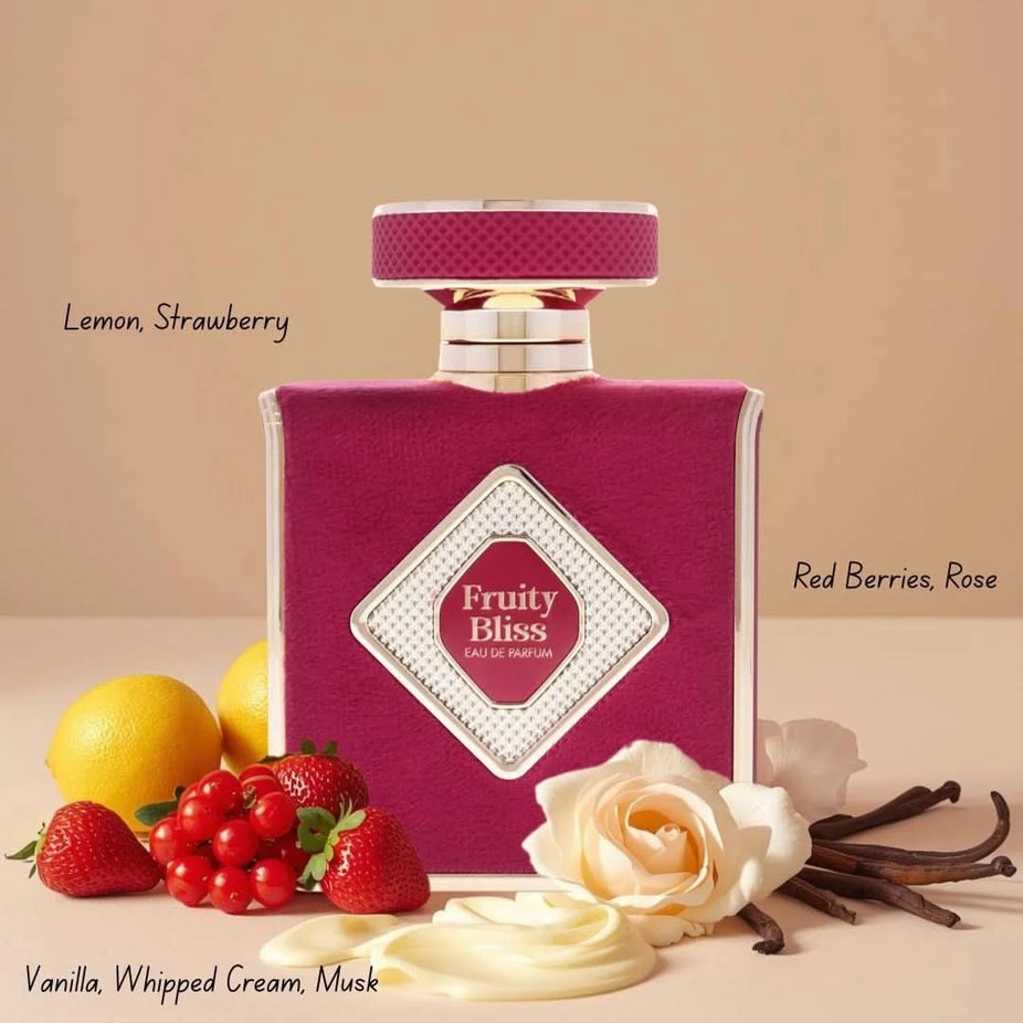 Elite Risala Fruity Bliss Eau de Parfum spray 100ml with a sleek, elegant bottle featuring a fruity and floral fragrance design.
