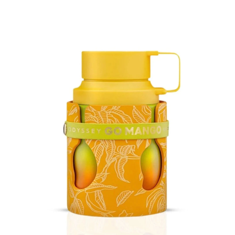 Odyssey Go Mango Tropical Collection Eau de Parfum Spray by Armaf, 100ml, with a sleek bottle featuring vibrant tropical imagery.