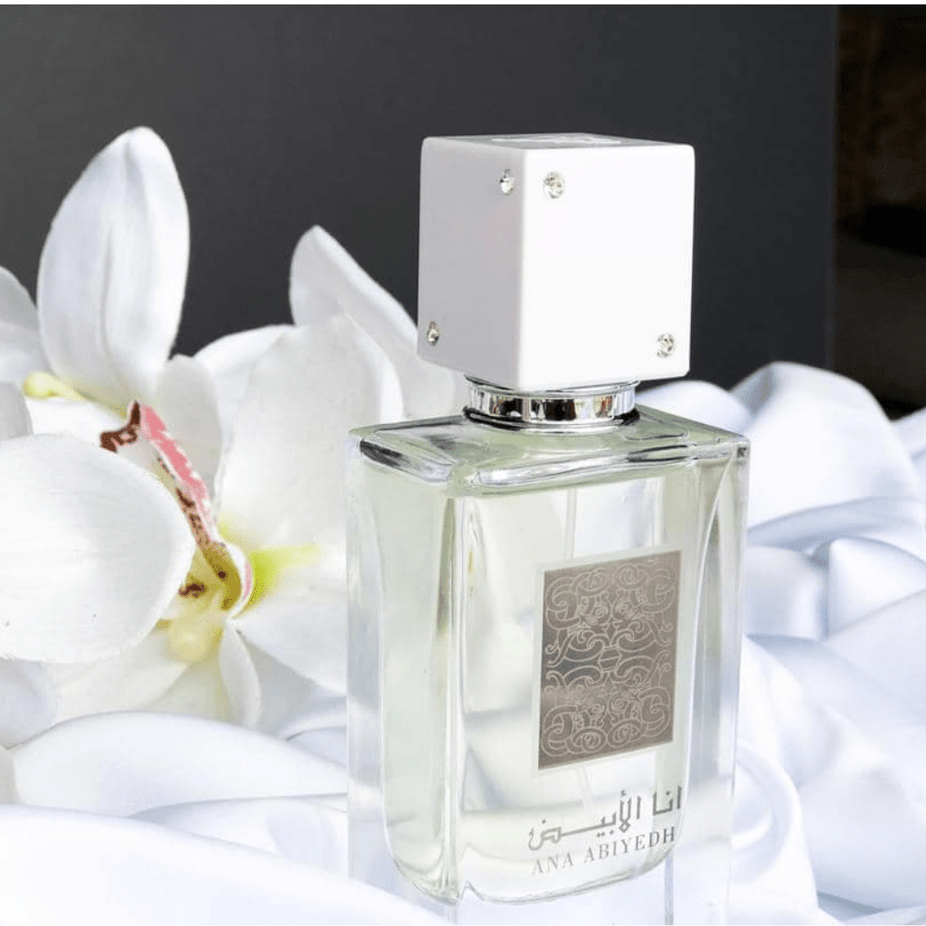 Lattafa Ana Abiyedh EDP 30ML bottle with elegant floral and woody scent design, showcasing the fragrance's luxurious packaging.