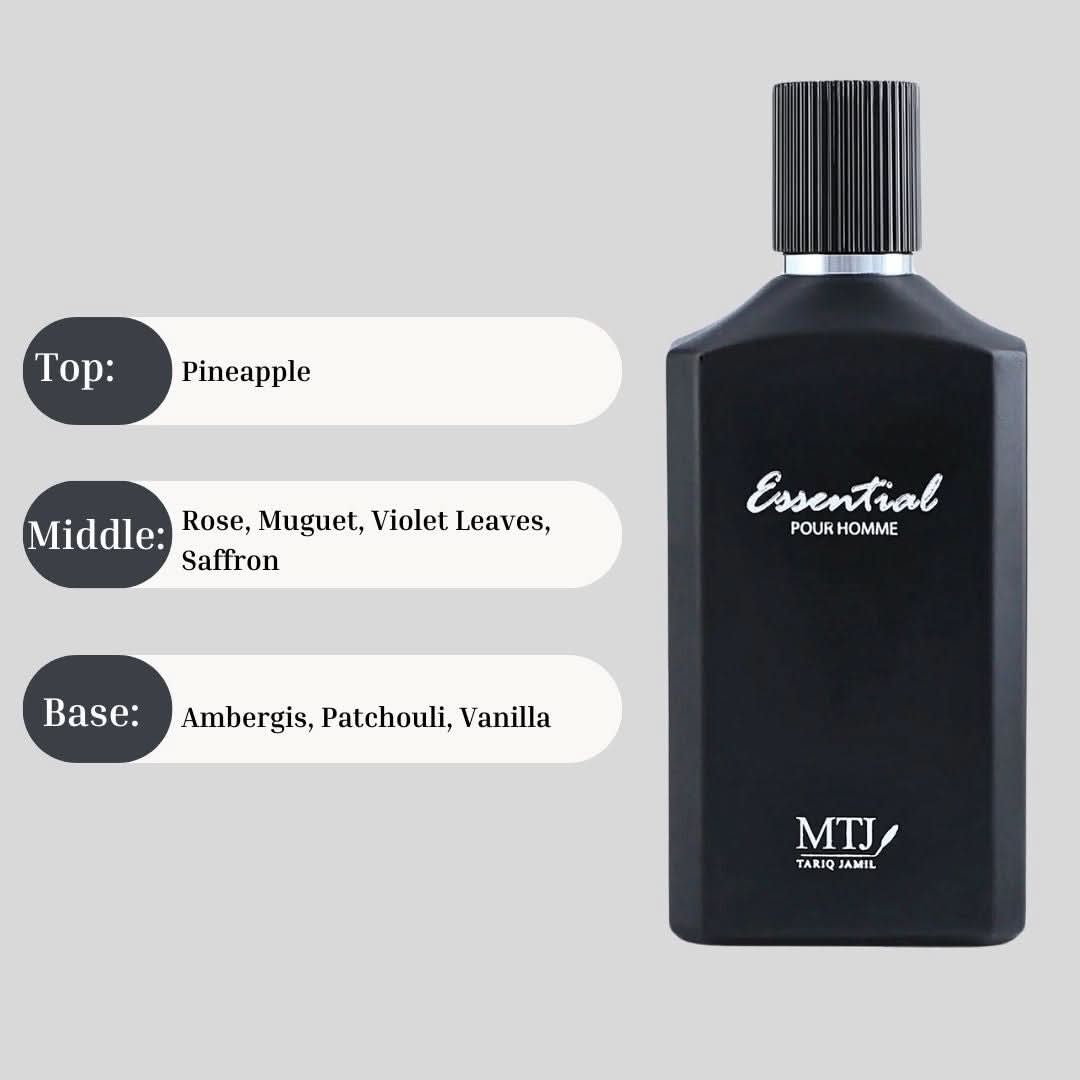 MTJ Essential Pour Homme EDP spray 100ML featuring a sleek bottle, representing a long-lasting spicy, citrusy, and leathery masculine scent.