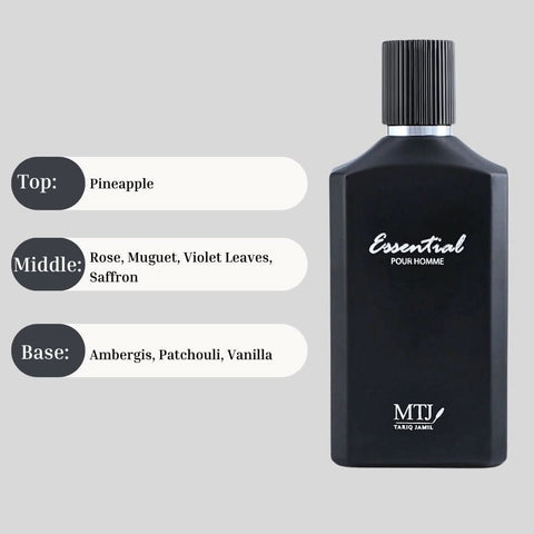 MTJ Essential Pour Homme EDP spray 100ML featuring a sleek bottle, representing a long-lasting spicy, citrusy, and leathery masculine scent.