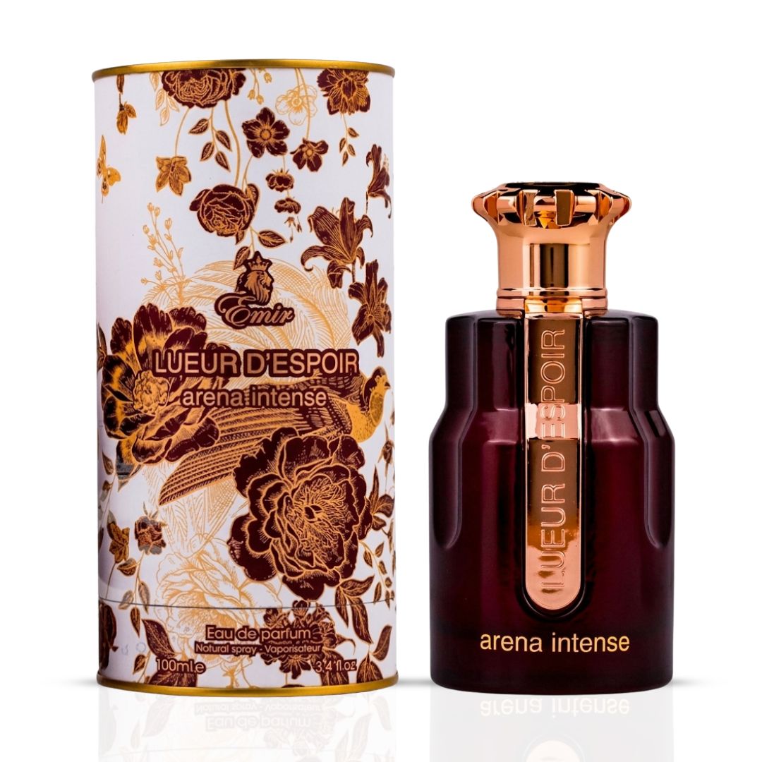 Bundle of Paris Corner Lueur d'Espoir Memories of Summer and Arena Intense Eau de Parfum sprays, 100ml each, with colorful bottle designs.