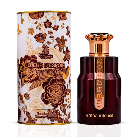Bundle of Paris Corner Lueur d'Espoir Memories of Summer and Arena Intense Eau de Parfum sprays, 100ml each, with colorful bottle designs.