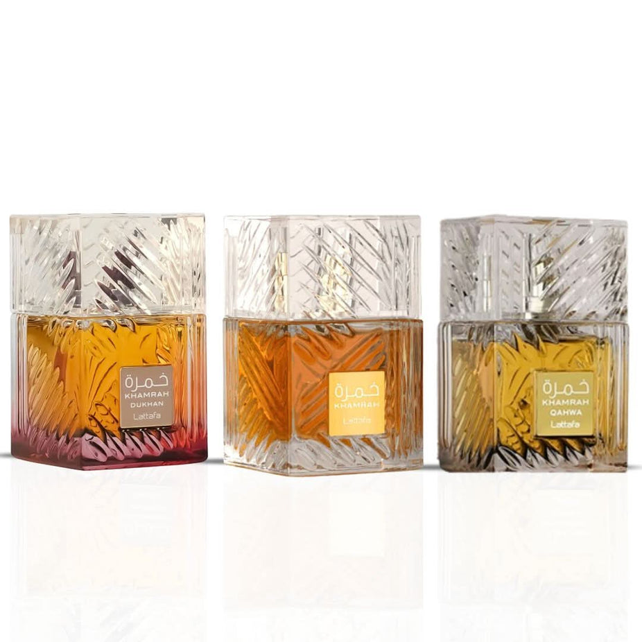 Lattafa Khamrah Eau de Parfum sprays, 100ml, featuring elegant bottles from the Khamrah collection with rich, aromatic fragrances.