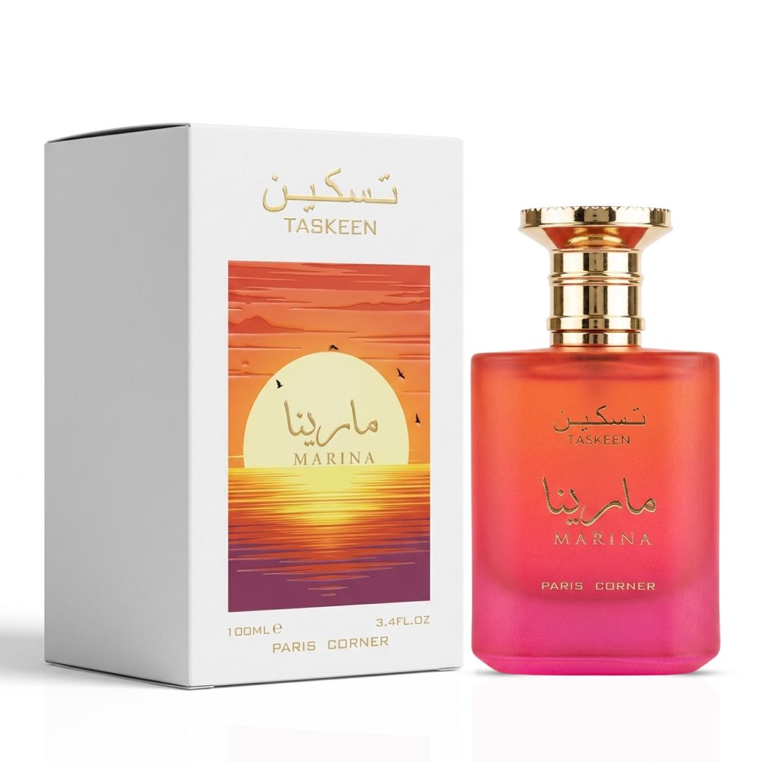 Bundle of two Paris Corner Eau de Parfum sprays, Taskeen Caramel Cascade and Marina, 100ml each, featuring elegant glass bottles.