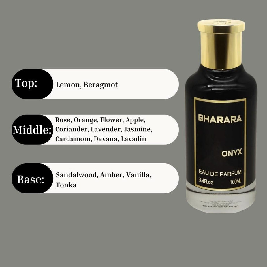 Bharara Onyx Eau de Parfum spray bottle, 100ml, with sleek black packaging and elegant design by Bharara.
