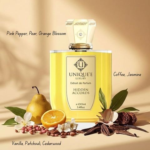 Unique'e Luxury Hidden Accords Extrait de Parfum 100ml bottle with elegant packaging and fragrance details.