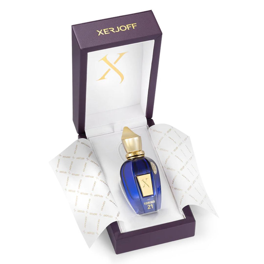 Xerjoff Torino21 Eau de Parfum spray bottle, 50ml, with elegant packaging and design visible in the image.