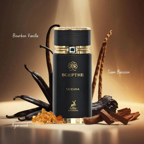 Maison Alhambra Sceptre Eau de Parfum bundle featuring Malachite, Amazonite, Oceana, Bronzite, and Desert scents in 100ml bottles.