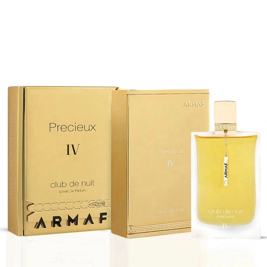Armaf Club de Nuit Précieux IV Extrait de Parfum EDP bottle in 55ml size, featuring a sleek glass design with a metallic cap.