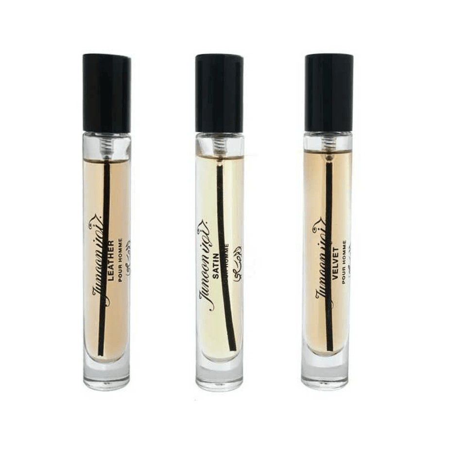 Rasasi Scent Odyssey Junoon pour Homme perfume gift set with three 7.5ML bottles, featuring elegant packaging and design.