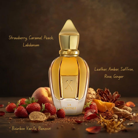 Xerjoff La Capitale parfum spray bottle, 50ml, elegant glass container with cap, showcasing luxury fragrance packaging.