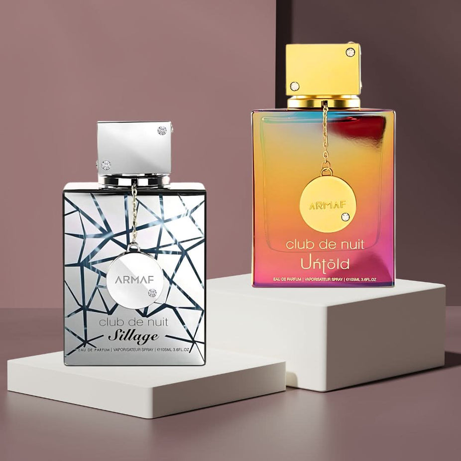 Armaf Club De Nuit Sillage and Untold Eau de Parfum sprays bundle, 105ml each, with sleek bottle designs and labels visible.