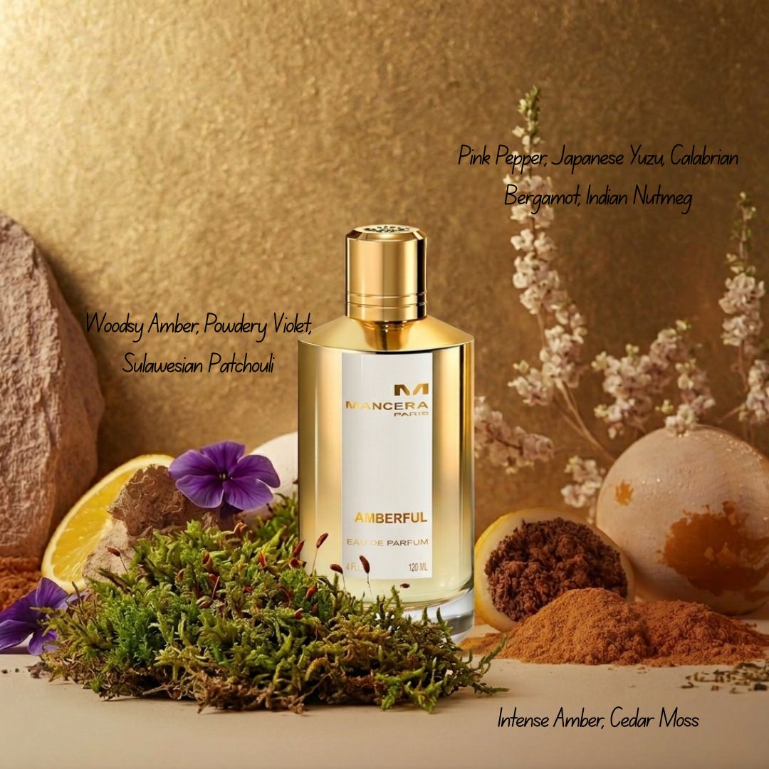 Amberful Eau de Parfum Spray by Mancera, 120ml, featuring a sleek bottle with amber-colored liquid and elegant packaging.