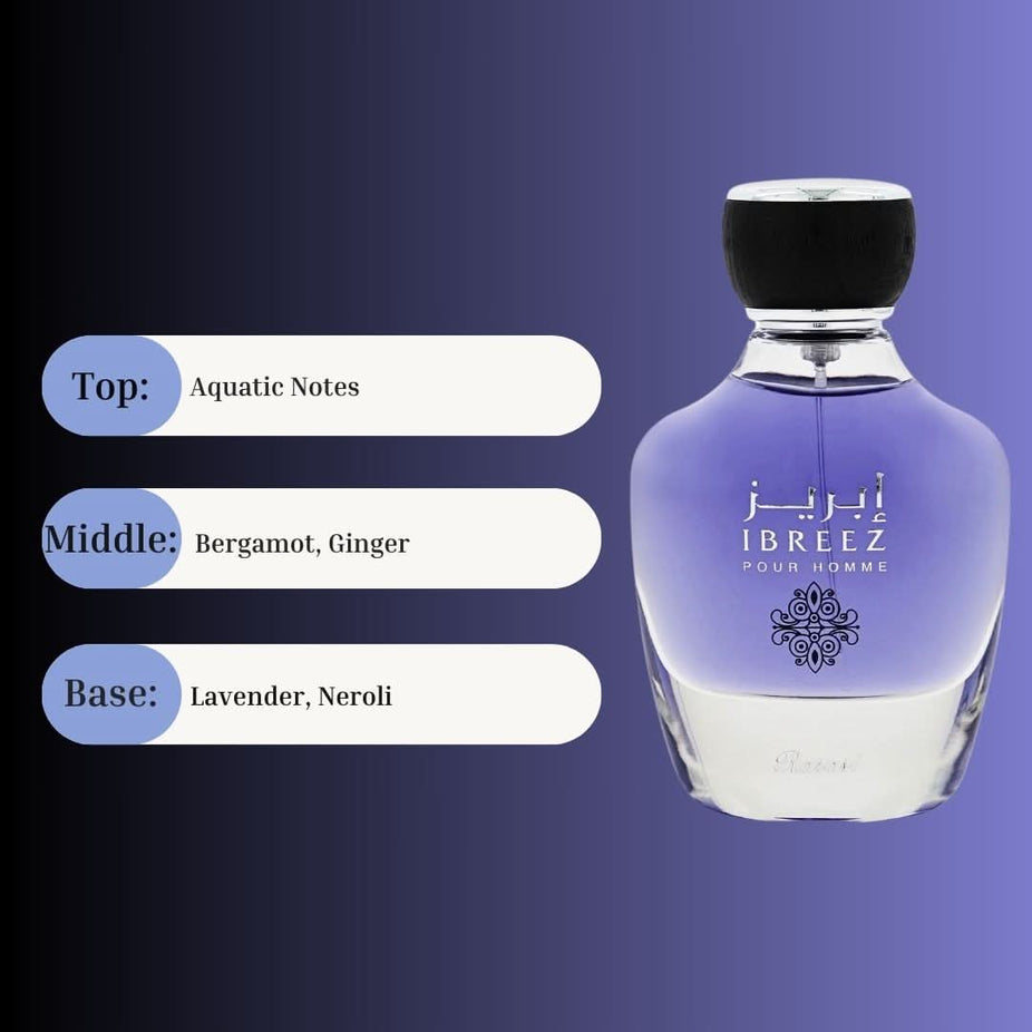 Rasasi Ibreez Pour Homme Eau de Parfum spray in a velvet pouch, 100ml bottle, with elegant packaging and cap.