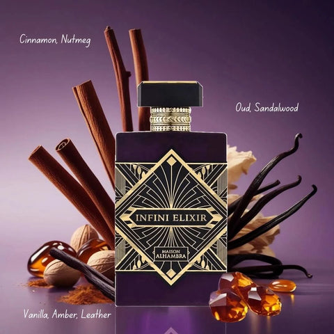 Maison Alhambra Infini Elixir Eau de Parfum spray 100ml with elegant bottle and luxurious design.