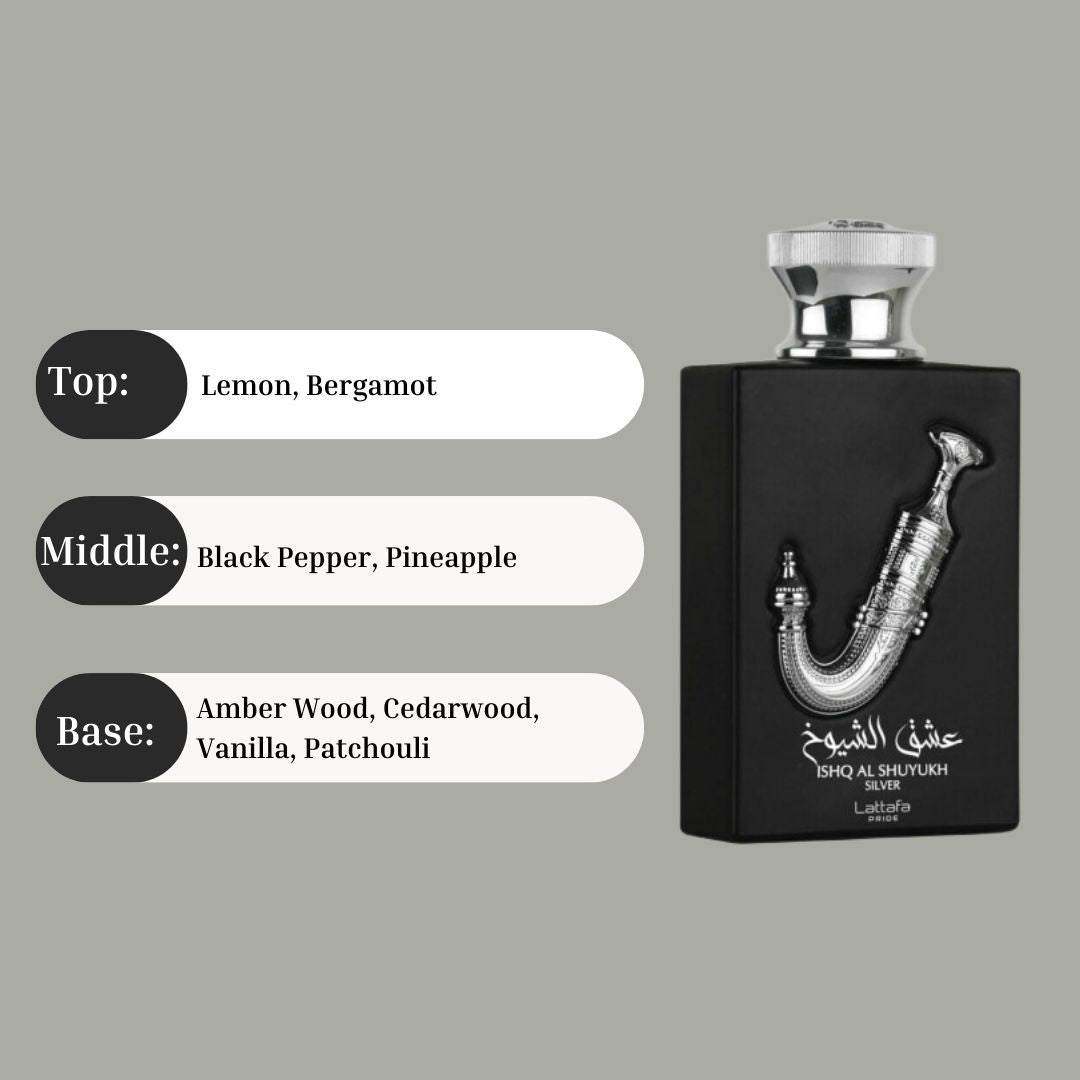 Ishq Al Shuyukh Silver EDP - 100mL (3.4 oz) by Lattafa Pride - Intense Oud