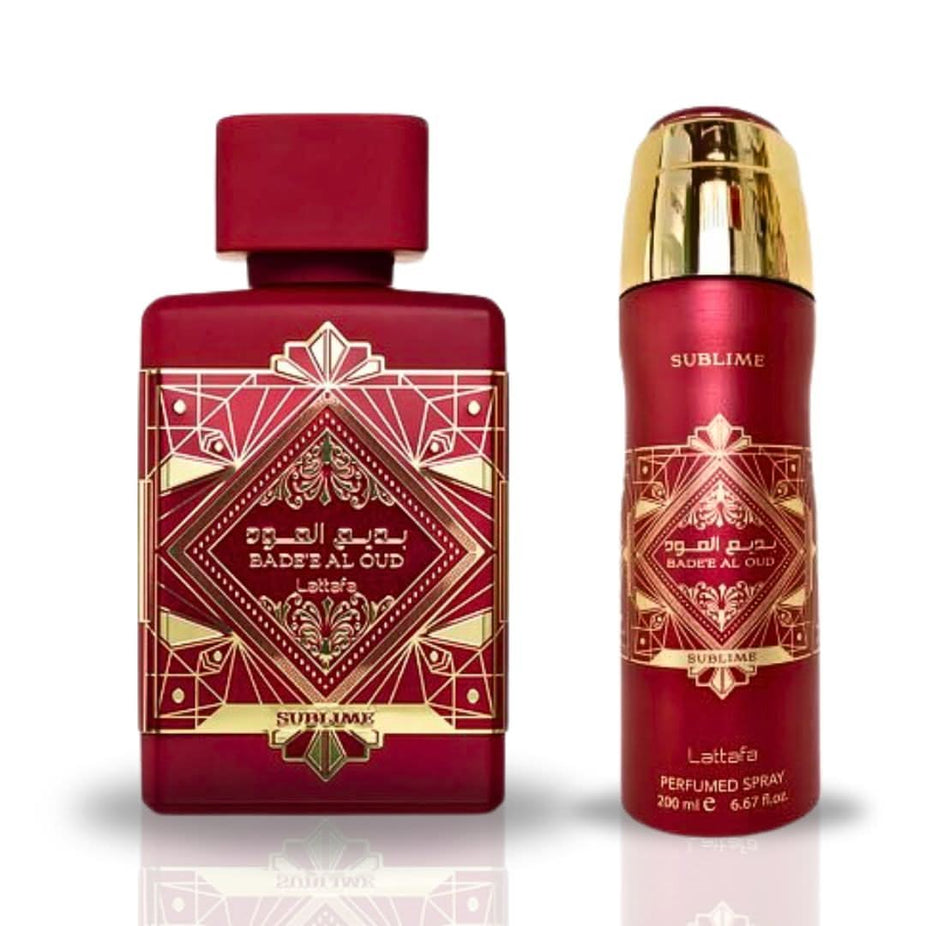 Intense Oud Bade'e Al Oud Sublime Eau de Parfum and Deodorant Spray value pack by Lattafa, 100ml perfume and 200ml deodorant set.