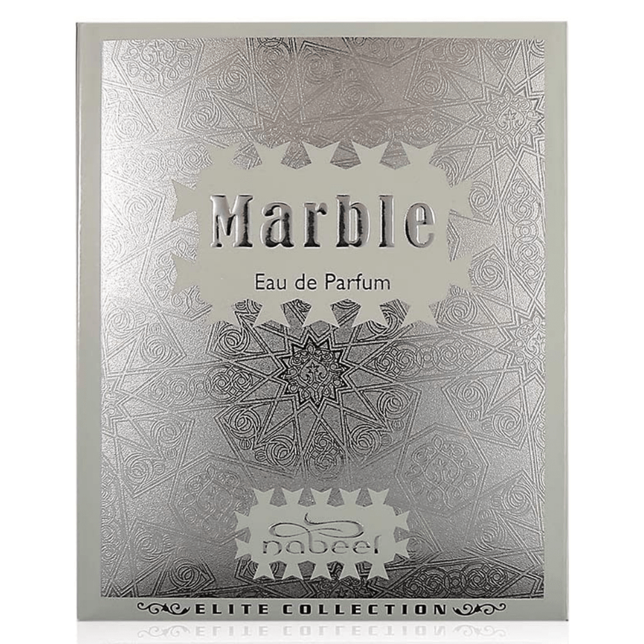 Nabeel Marble for Men Eau De Parfum 80ML bottle with sleek marble design and silver cap, displayed upright.