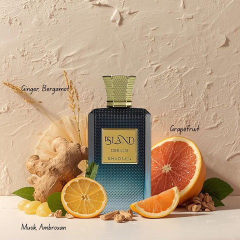 Khadlaj Island Dreams Eau de Parfum spray 100ml bottle with elegant design, showcasing the luxurious fragrance.