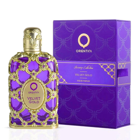 Orientica Amber Rouge & Velvet Gold Eau de Parfum sprays, 80ml bottles, featuring luxurious amber and velvet notes.