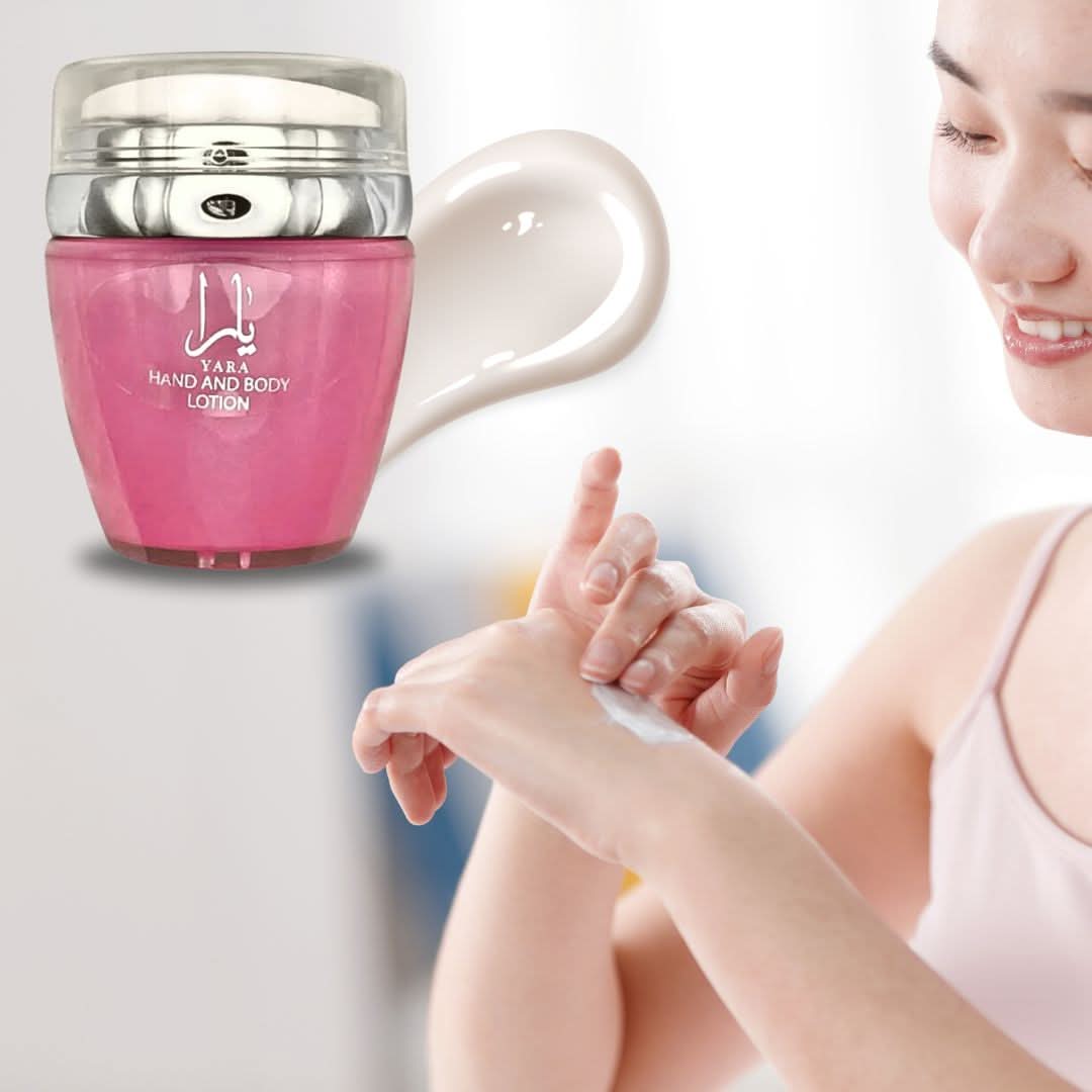 Yara Hand & Body Lotion by Ard Al Zaafaran in a velvet pouch, 45ml (1.53 oz), with a smooth lotion texture and elegant packaging.