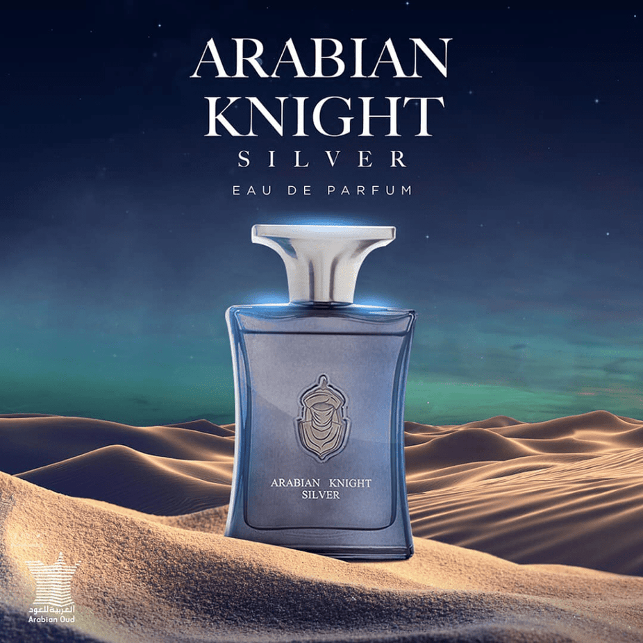 Arabian Oud Arabian Knight Silver EDP Eau De Parfum 100ML bottle with elegant silver packaging and floral accents.