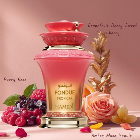 Hamidi Fondue Tropical and Exotic Eau de Parfum spray bundle, 100ml bottles, featuring colorful labels and elegant packaging.