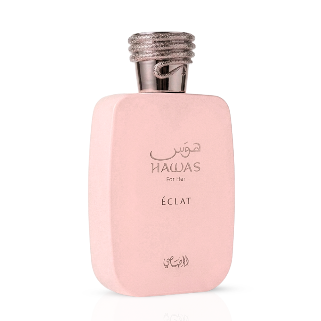 Rasasi Hawas For Her Eclat Eau de Parfum spray bottle, 100ml, with elegant packaging and floral fragrance notes.