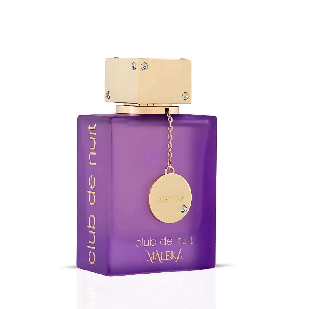 Armaf Club De Nuit Maleka Eau de Parfum spray in a sleek bottle, displayed with a velvet pouch, 105ml size.