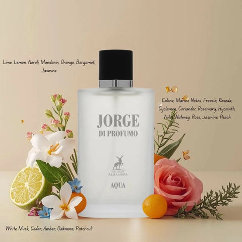 Maison Alhambra Jorge di Profumo Aqua Eau de Parfum spray bottle, 100ml, featuring sleek design and elegant branding.
