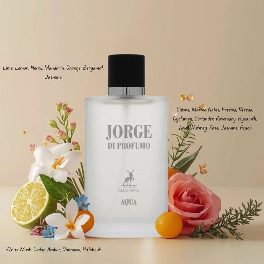 Maison Alhambra Jorge di Profumo Aqua Eau de Parfum spray 100ml bottle with sleek design and transparent glass.