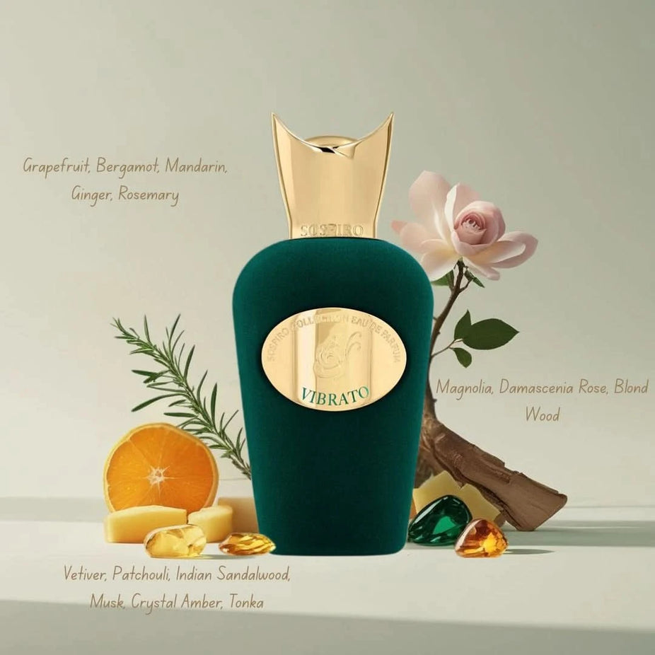 Vibrato Eau De Parfum Spray by Sospiro, 100ml bottle, elegant fragrance bottle with sleek design and glass cap.