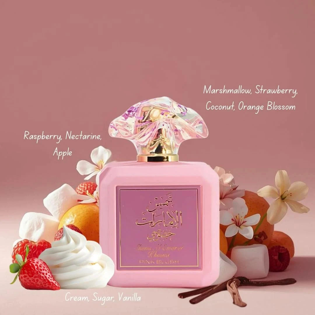 Pink Blush Shams Al Emarat Eau de Parfum Spray by Ard Al Zaafaran, 100ml and 50ml bottles, featuring elegant perfume bottles.