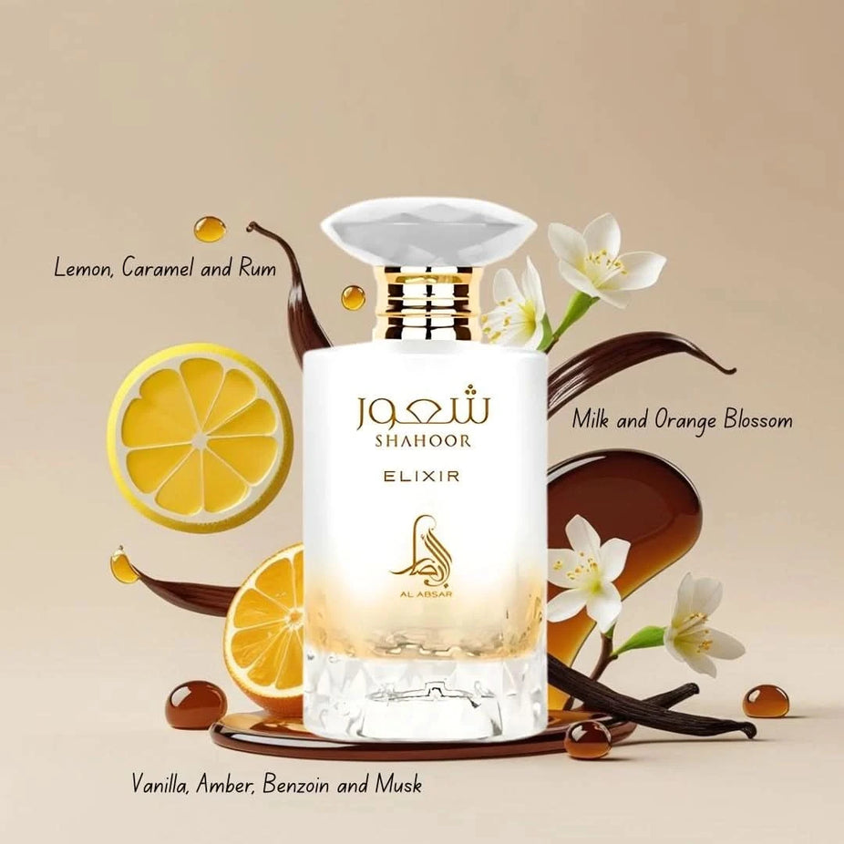 Shahoor Elixir Eau de Parfum spray by Al Absar, 100ml bottle with elegant packaging, showcasing the fragrance design.