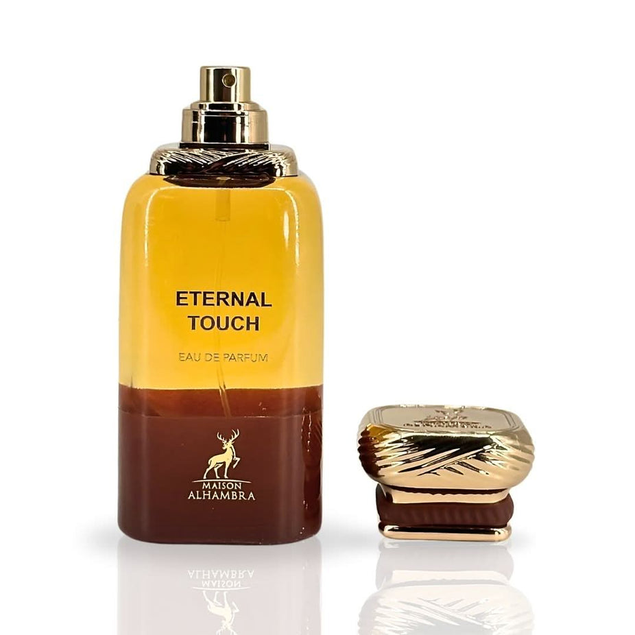 Eternal Touch Eau de Parfum spray by Maison Alhambra, 80ml bottle, elegant glass container with a sleek design.