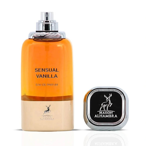 Maison Alhambra Sensual Vanilla Eau de Parfum spray 80ml with velvet pouch, featuring a sleek bottle and vanilla fragrance design.