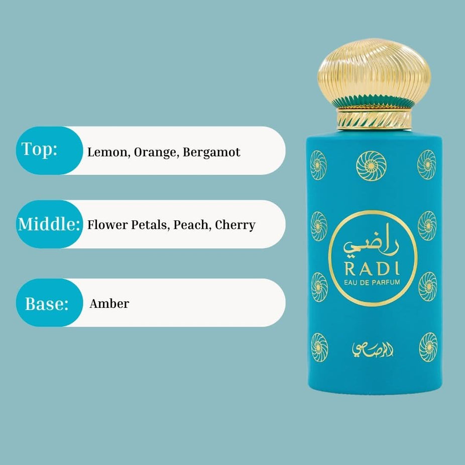 Radi EDP Spray by Rasasi, 100ml, unisex floral fruity perfume bottle with luxurious packaging.