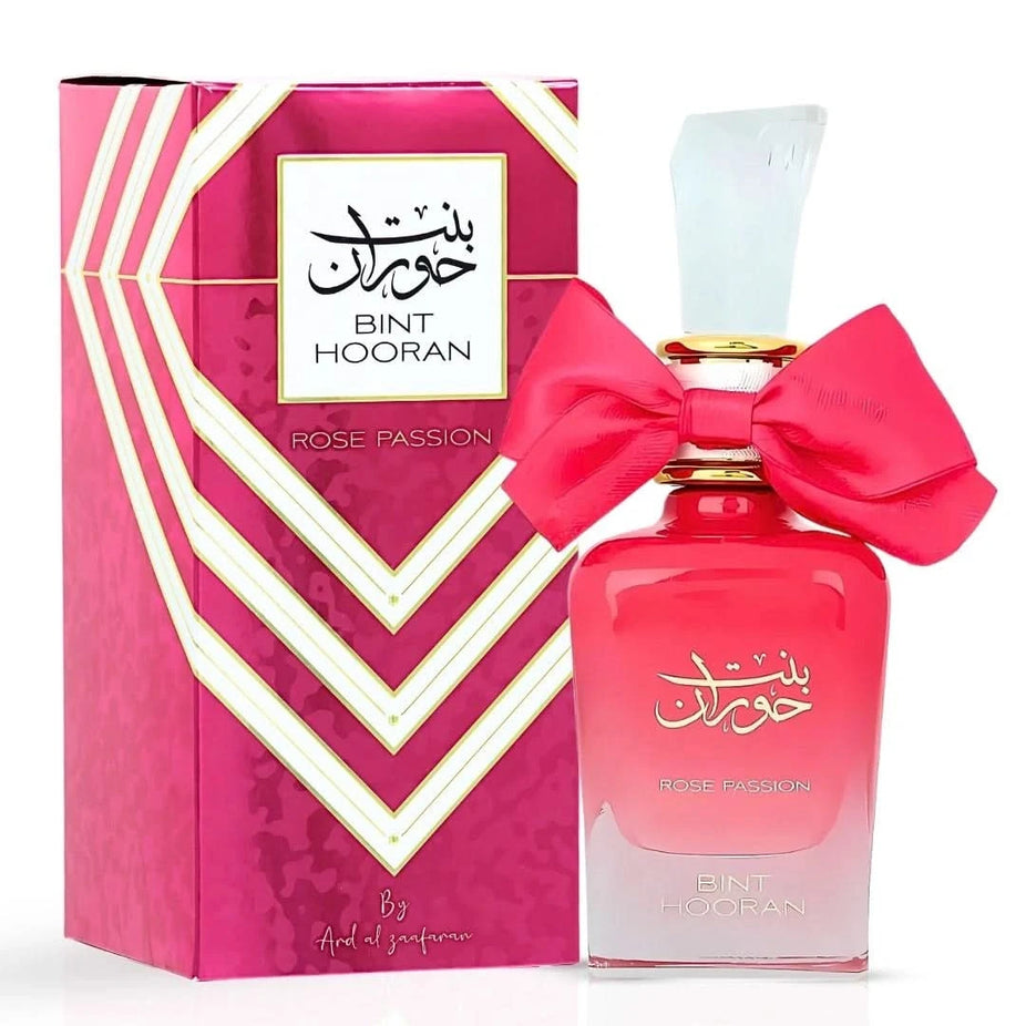 Bundle of Ard Al Zaafaran Bint Hooran and Rose Passion Eau de Parfum sprays, 100ml bottles with elegant perfume packaging.
