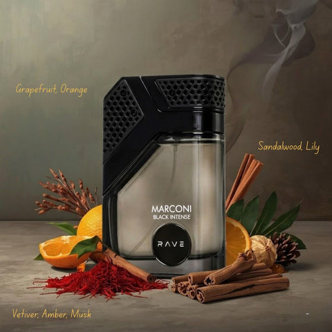 RAVE Marconi Black Intense Eau de Parfum spray bottle, 100ml, with sleek black packaging and elegant design.
