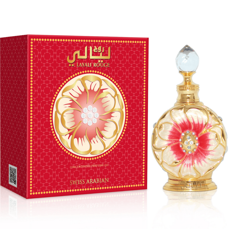 Set of four Swiss Arabian Layali women’s concentrated perfume oils in 0.5oz bottles featuring scents Yulali, Amaali, Layali, and Rouge