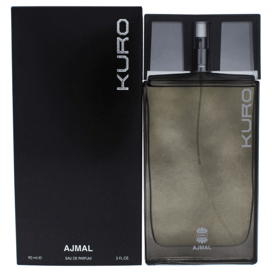 Ajmal Kuro for Men Eau De Parfum bottle, 90 ML, sleek design with dark accents, representing a sophisticated men's fragrance.