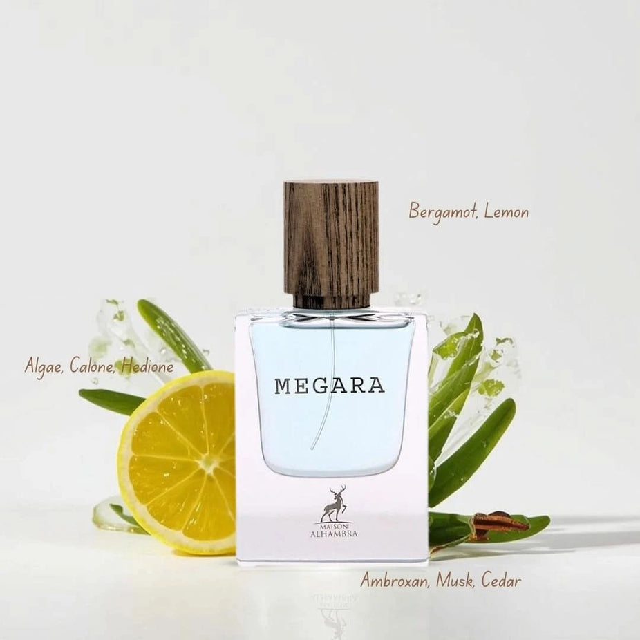 Maison Alhambra Megara Eau de Parfum Spray 50ml, elegant glass bottle with floral and woody scent details.