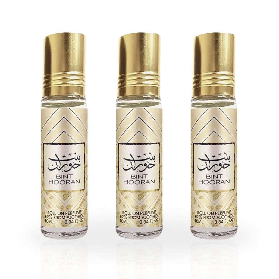 Set of three Ard Al Zaafaran Bint Hooran Roll-On Perfume Oil bottles, 10ml each, with elegant packaging and brand labeling.