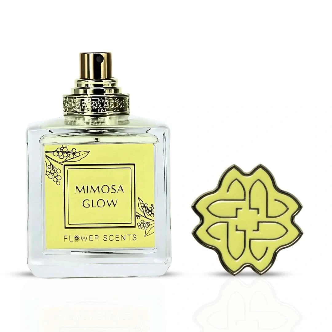 Flower Scents Mimosa Glow Eau de Parfum spray 65ml bottle with floral and citrus accents on a neutral background.