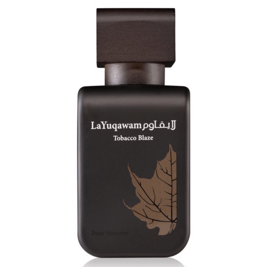 Rasasi La Yuqawam Tobaco Blaze Eau de Parfum spray bottle, 75ml, with elegant packaging and amber-colored liquid inside.