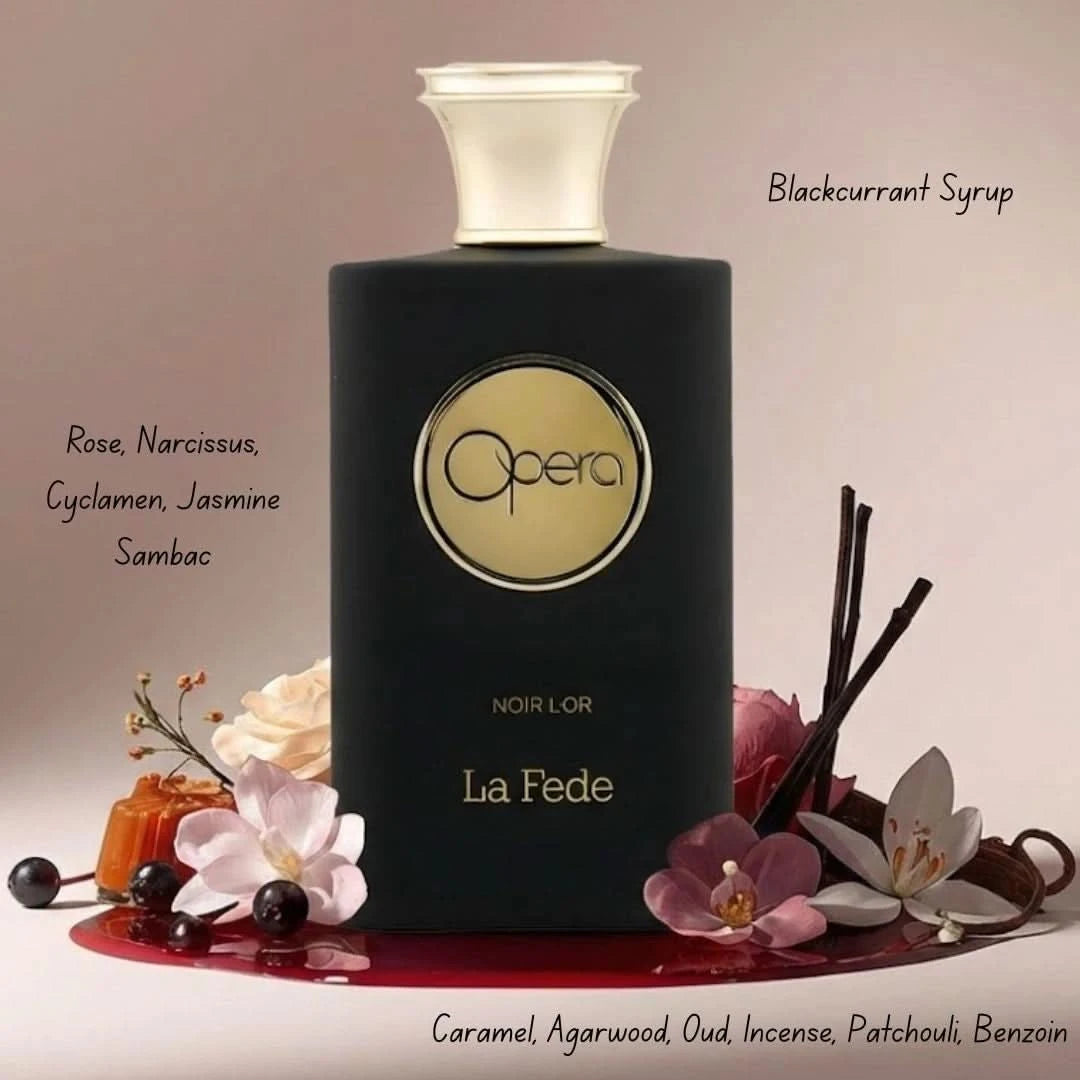Khadlaj La Fede Opera Noir L'Or Eau de Parfum spray bottle, 100ml, with elegant black and gold packaging.