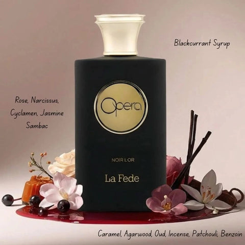 Khadlaj La Fede Opera Noir L'Or Eau de Parfum spray bottle, 100ml, with elegant black and gold packaging.