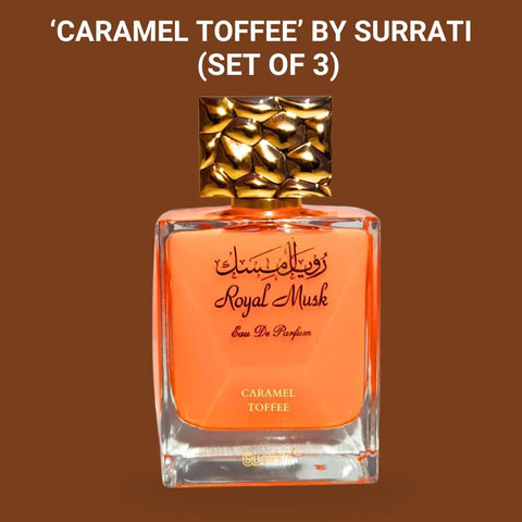 Three bottles of Surrati Royal Musk Caramel Toffee Eau de Parfum Spray 100ml, showcasing elegant packaging in a value pack.